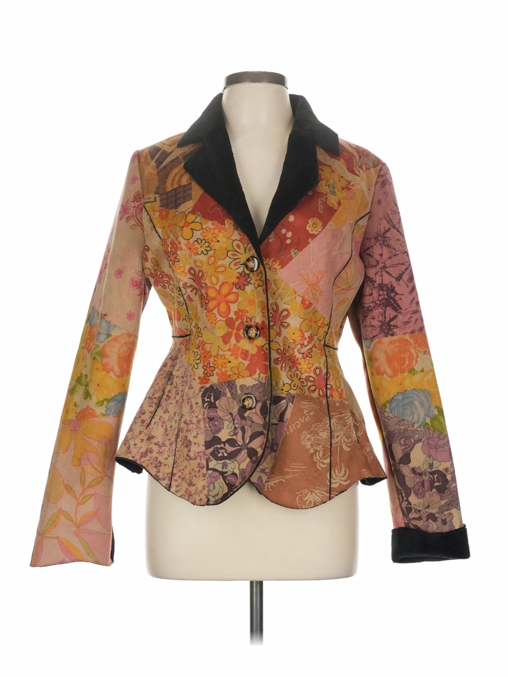 Pura Vida Floral Patchwork Blazer Jacket in Pink, Yellow & Black